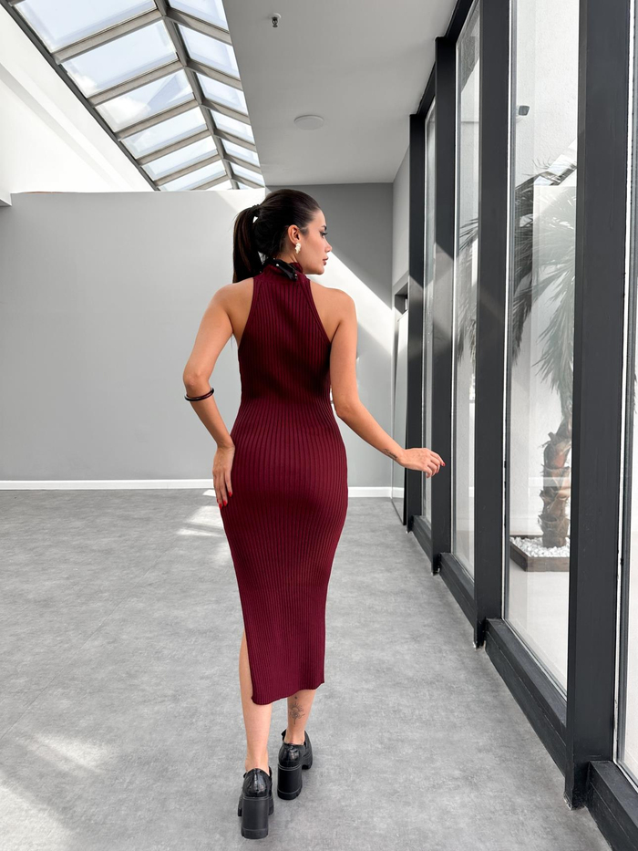 Bordo Halter Yaka Triko Elbise