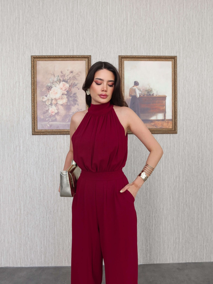 Bordo Halter Yaka Uzun Tulum
