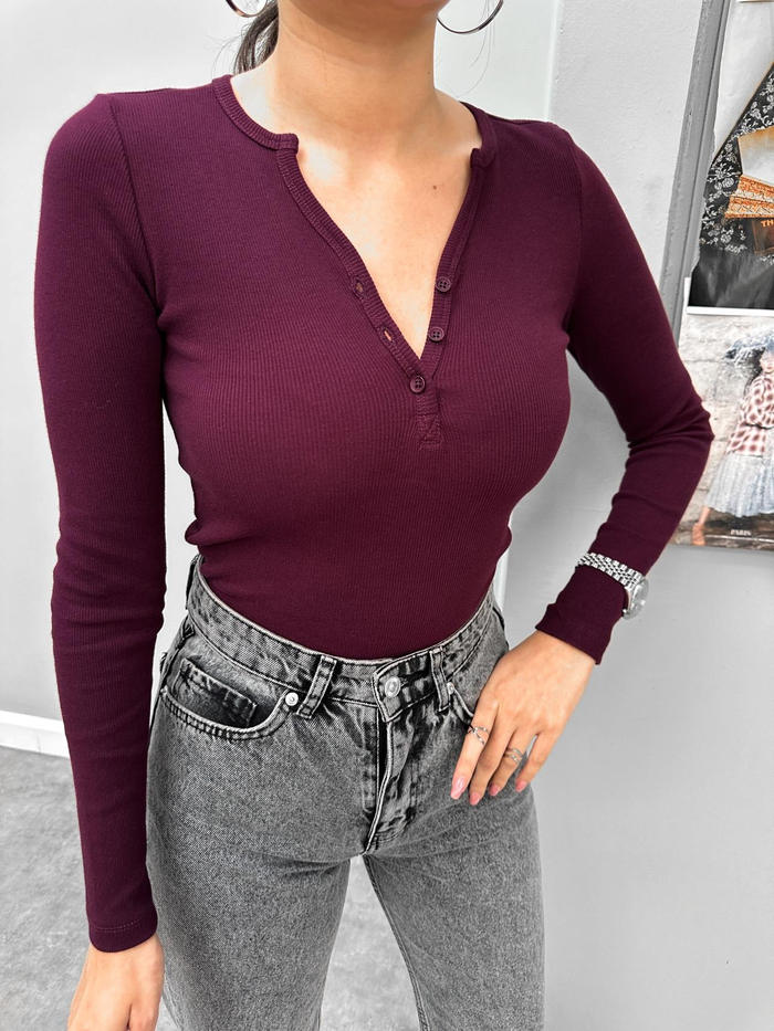 Bordo İnce Düğmeli Body