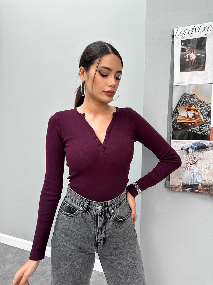 Bordo İnce Düğmeli Body