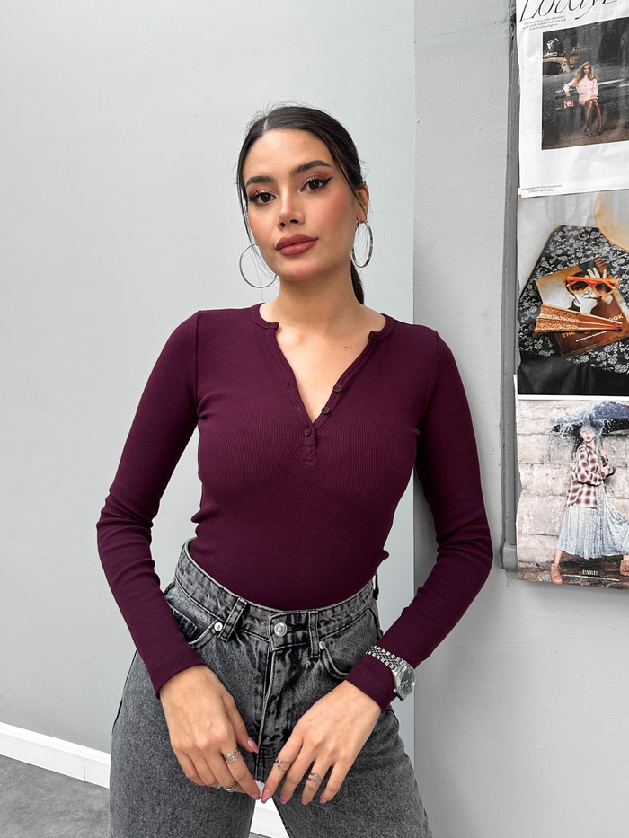 Bordo İnce Düğmeli Body