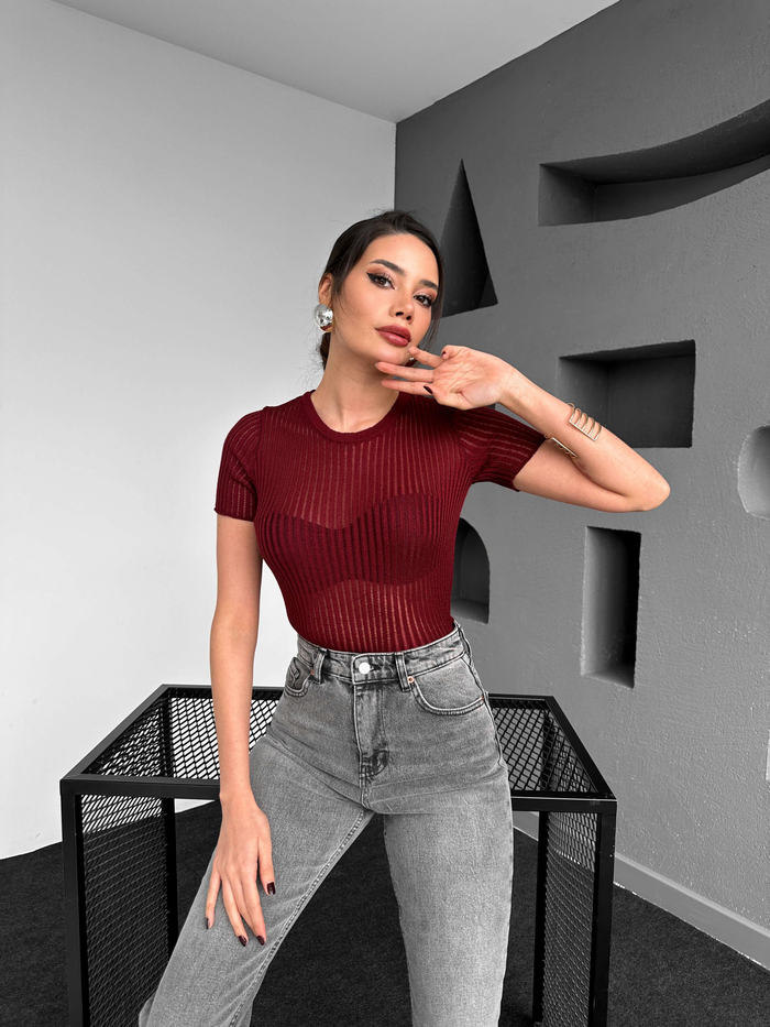 Bordo Kısa Kol Fitilli Bluz