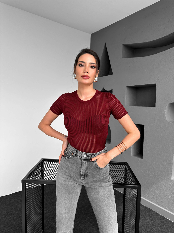 Bordo Kısa Kol Fitilli Bluz