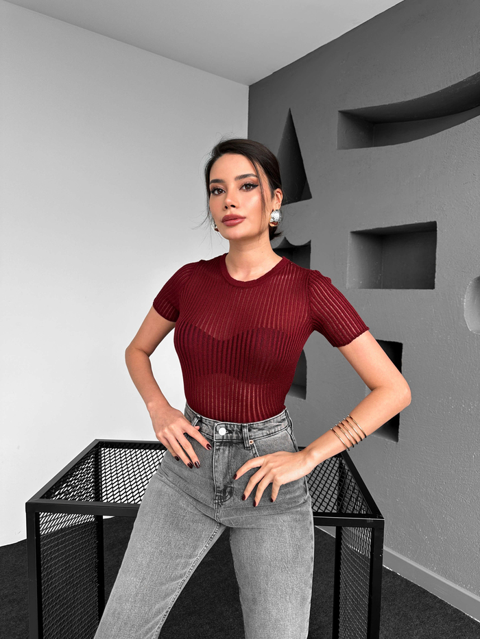 Bordo Kısa Kol Fitilli Bluz