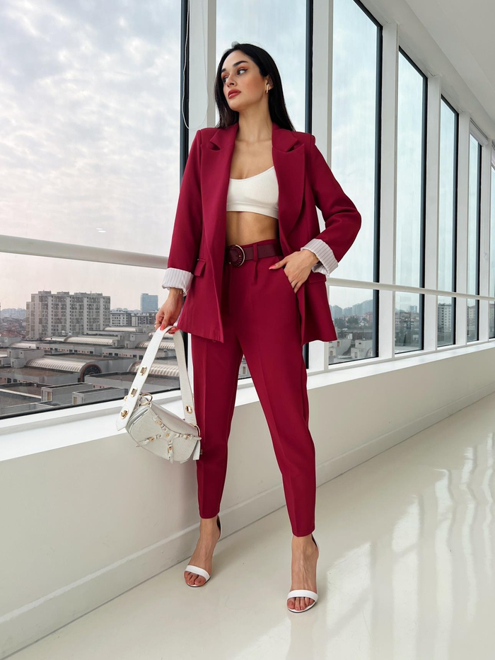 Bordo Kolu Katlamalı Blazer Ceket