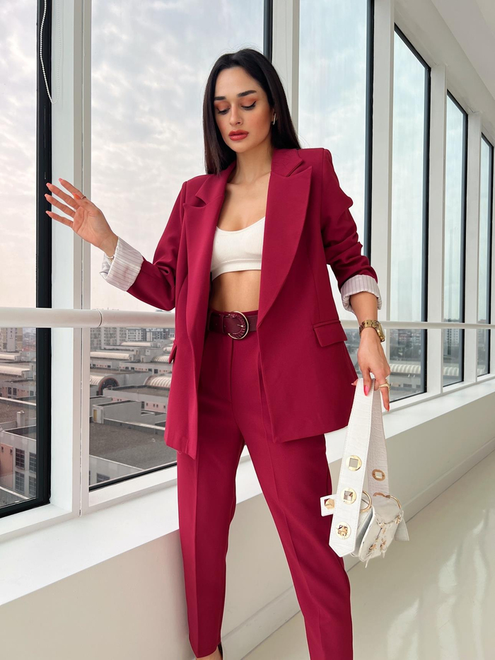 Bordo Kolu Katlamalı Blazer Ceket