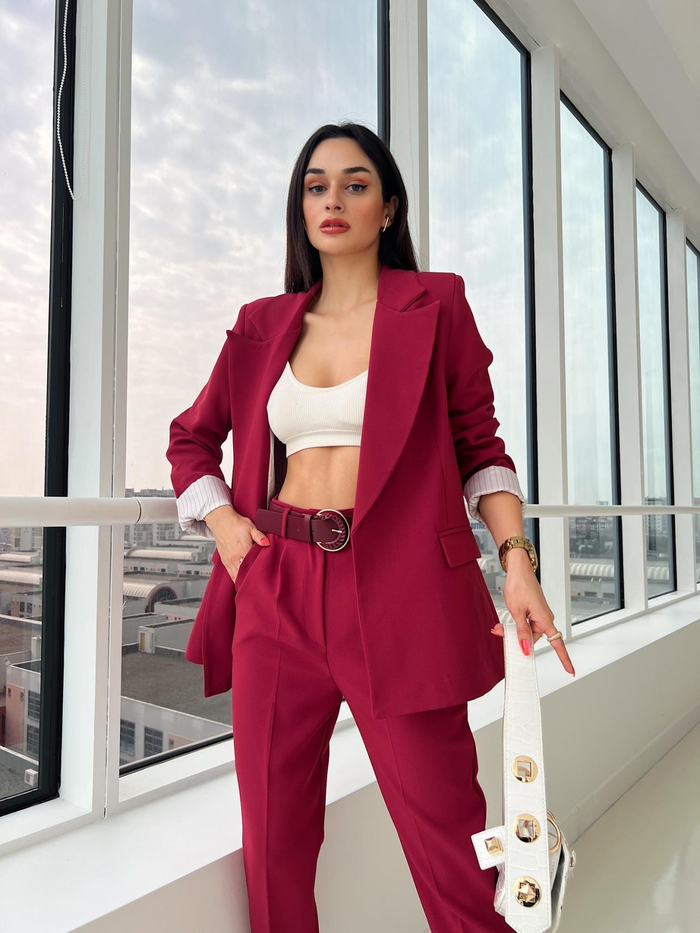Bordo Kolu Katlamalı Blazer Ceket