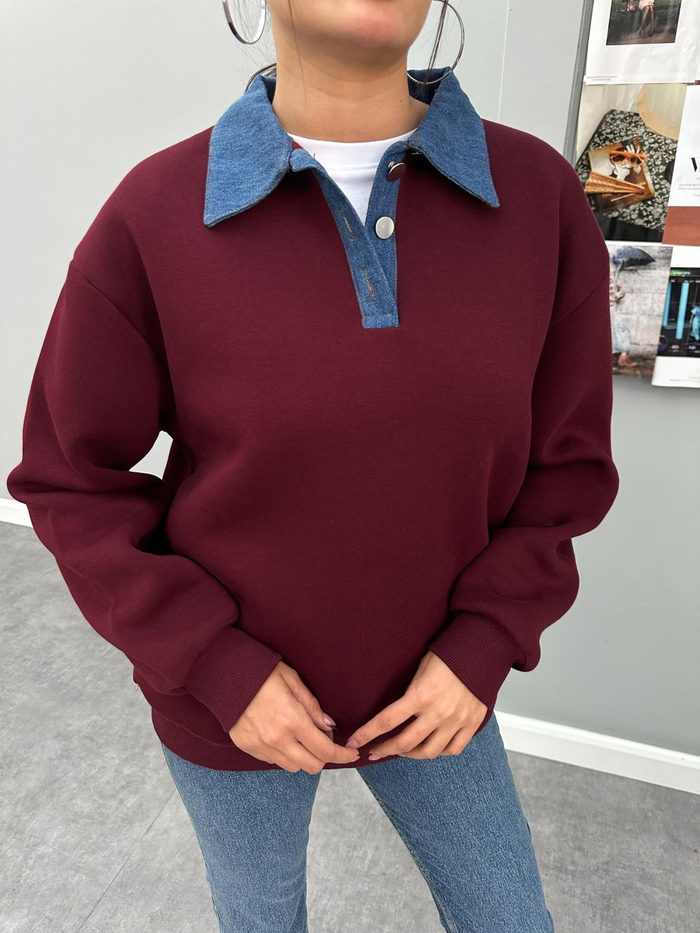 Bordo Kot Yakalı Şardonlu Sweat