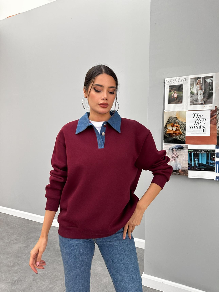 Bordo Kot Yakalı Şardonlu Sweat