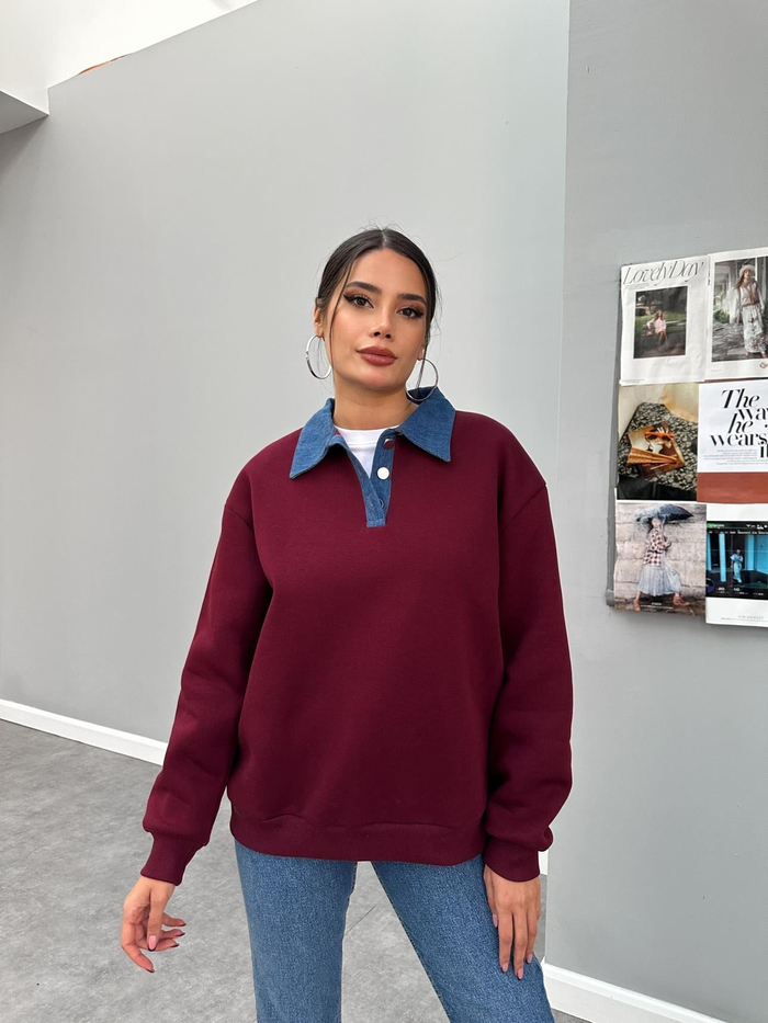 Bordo Kot Yakalı Şardonlu Sweat