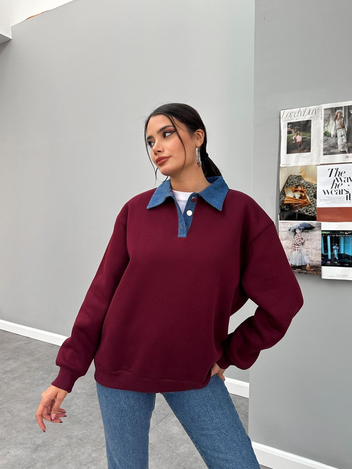 Bordo Kot Yakalı Şardonlu Sweat