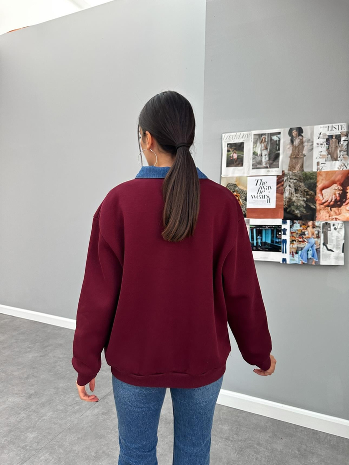 Bordo Kot Yakalı Şardonlu Sweat