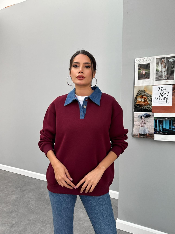 Bordo Kot Yakalı Şardonlu Sweat