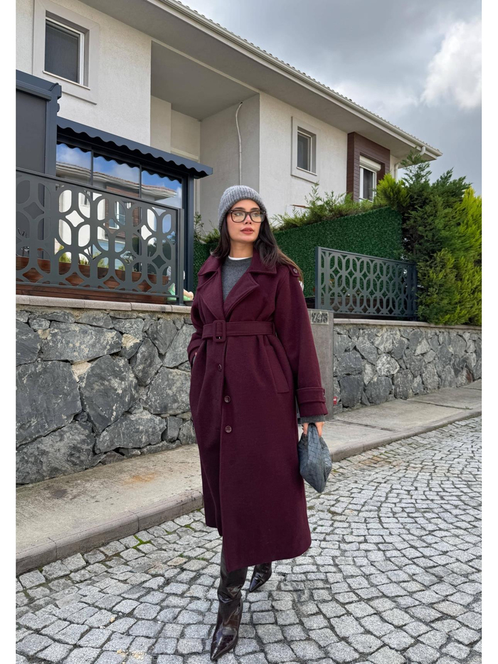 Bordo Kruvaze Apoletli Kaşe Kaban