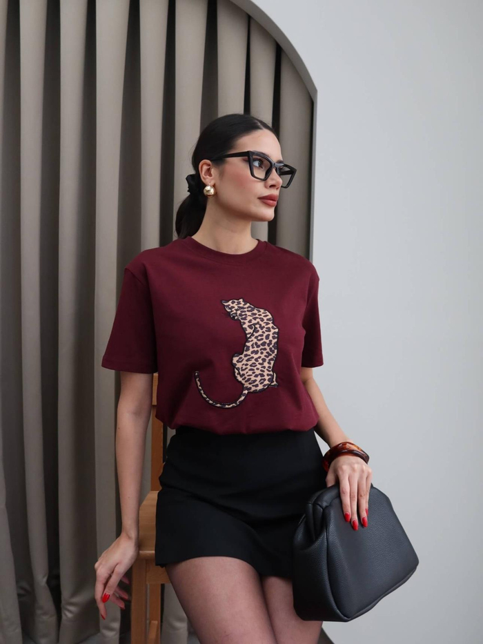 Bordo  Leo Nakışlı T-Shirt