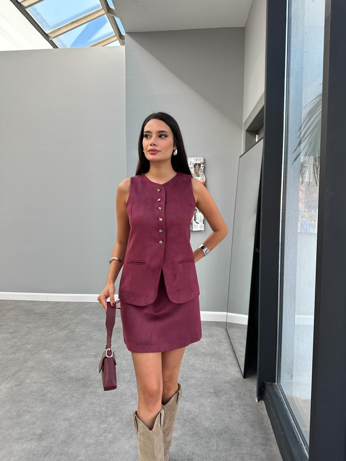 Bordo Mini Süet Etek