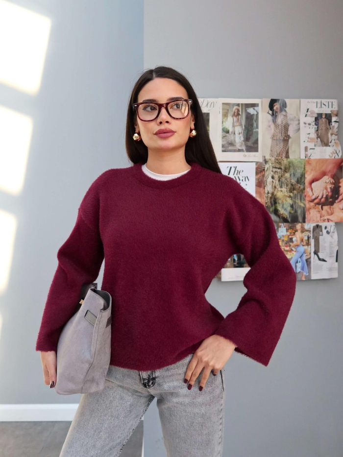 Bordo Oversize Peluş Kazak