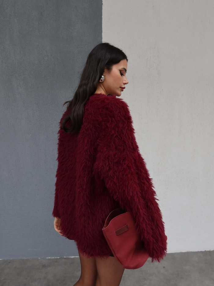 Bordo Oversize Peluş Kazak