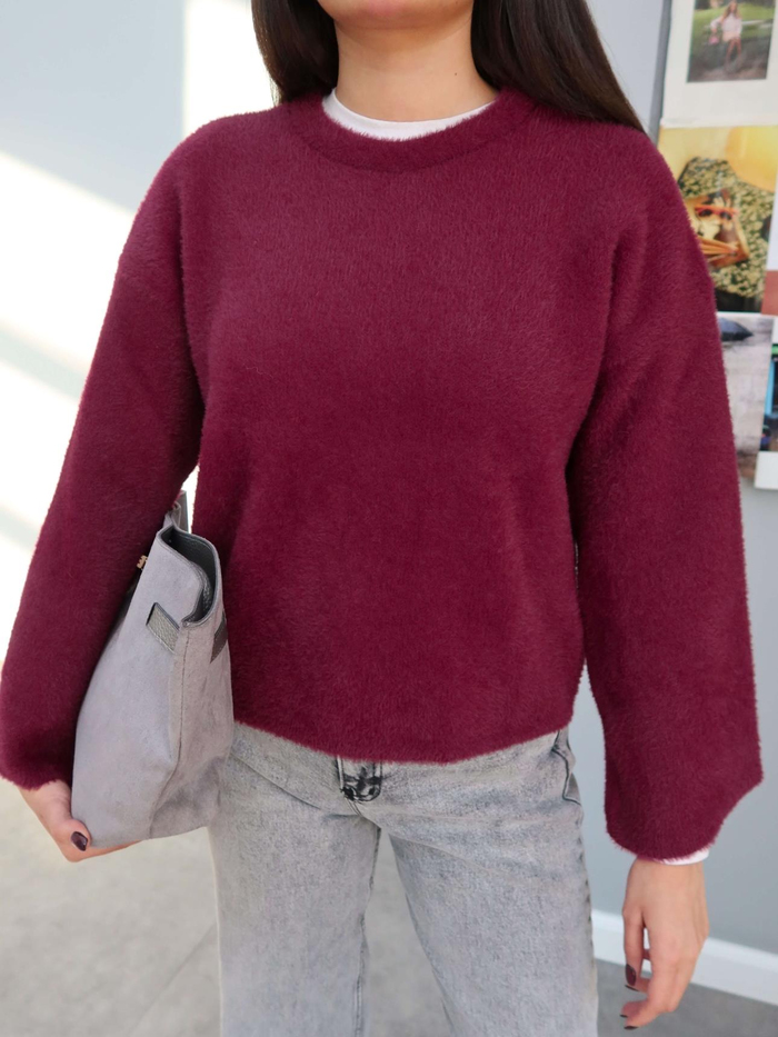 Bordo Oversize Peluş Kazak