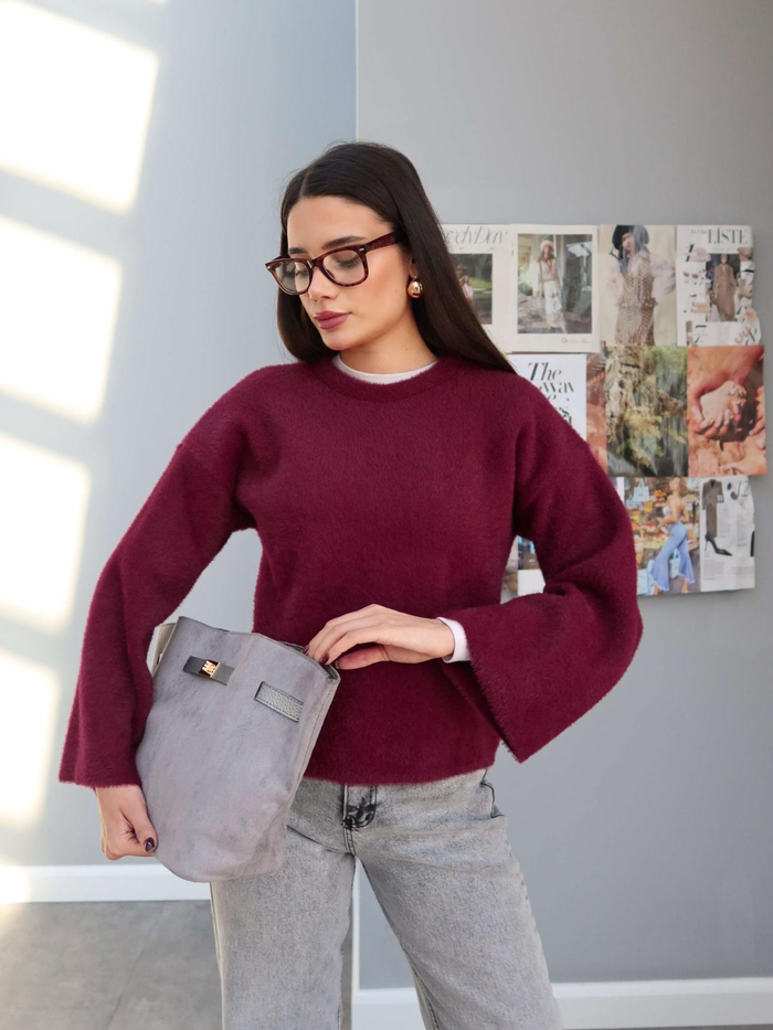 Bordo Oversize Peluş Kazak