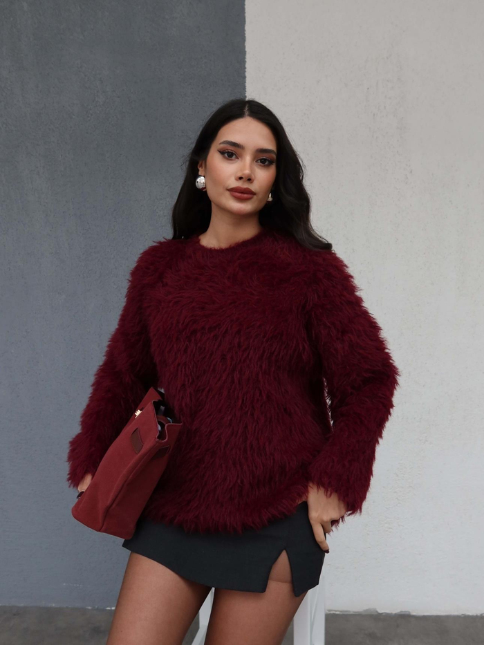 Bordo Oversize Peluş Kazak