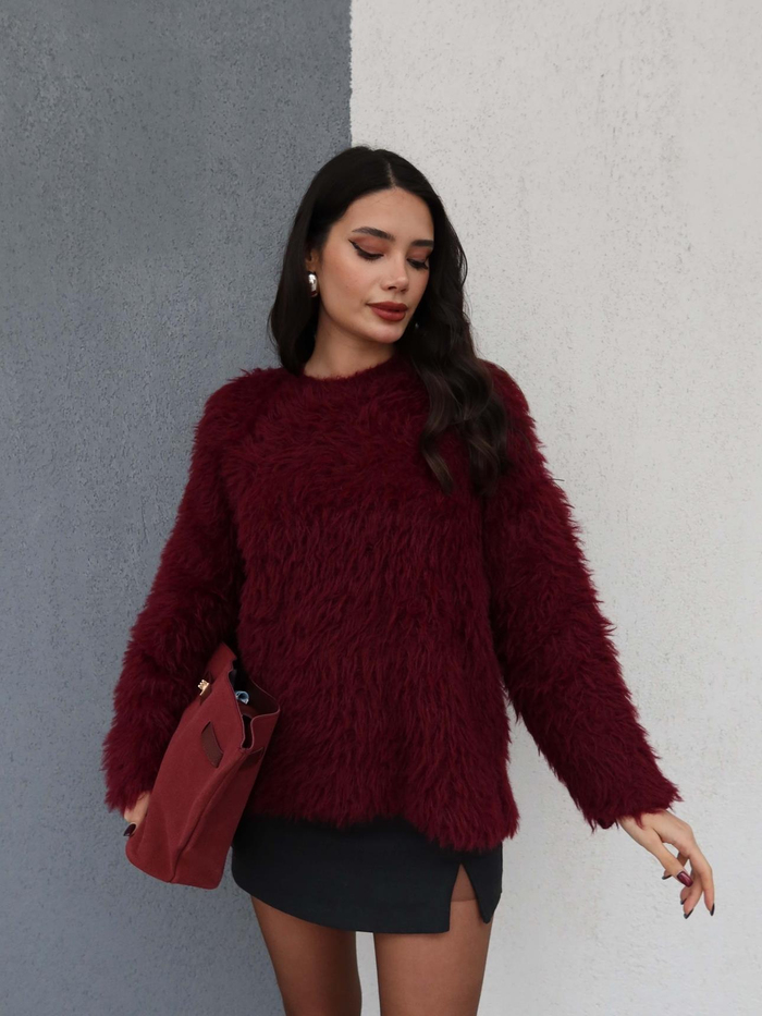 Bordo Oversize Peluş Kazak