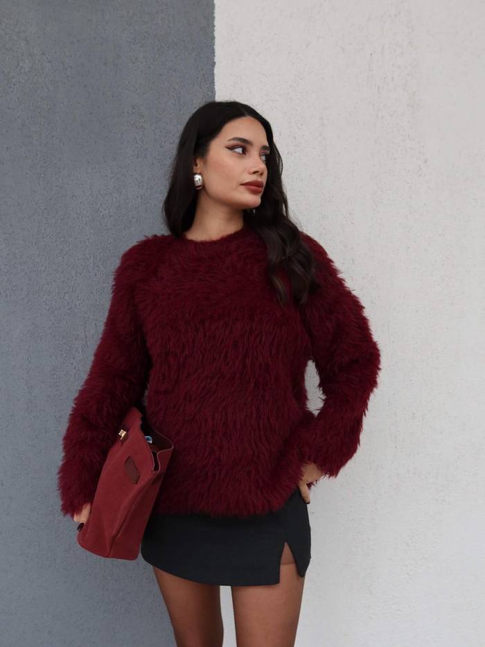 Bordo Oversize Peluş Kazak
