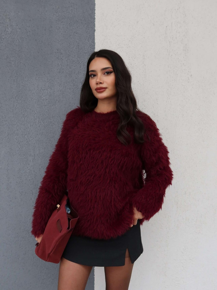 Bordo Oversize Peluş Kazak