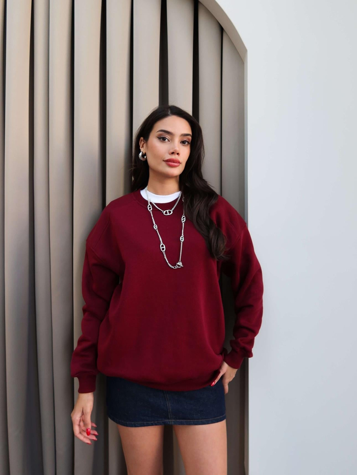 Bordo Oversize Şardonlu Sweatshirt