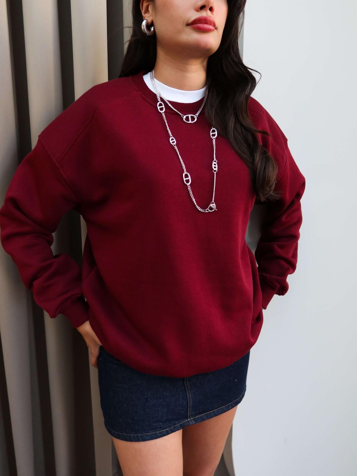 Bordo Oversize Şardonlu Sweatshirt