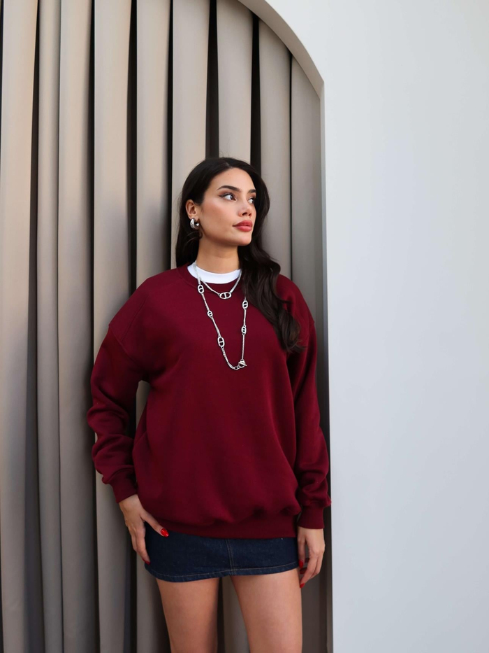 Bordo Oversize Şardonlu Sweatshirt