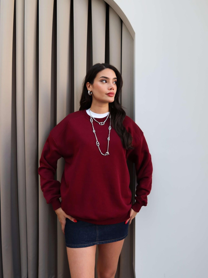 Bordo Oversize Şardonlu Sweatshirt