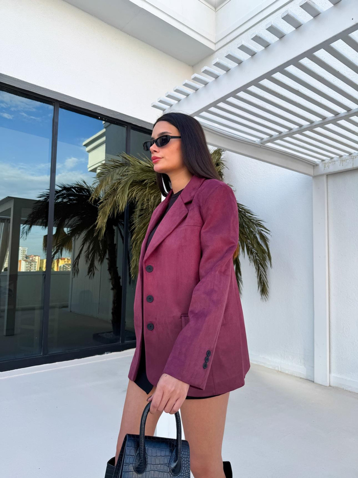 Bordo Oversize Süet Blazer Ceket