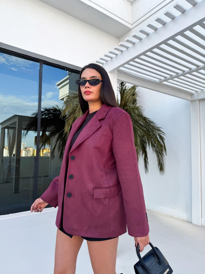 Bordo Oversize Süet Blazer Ceket