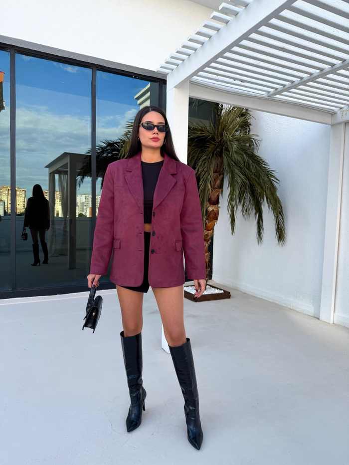 Bordo Oversize Süet Blazer Ceket