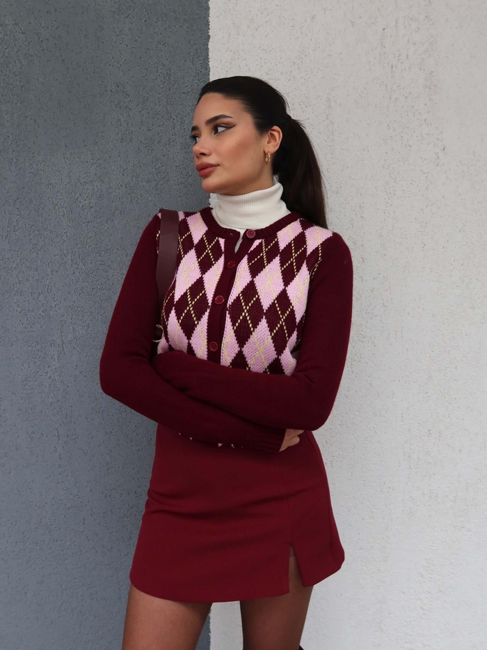 Bordo Pembe Baklava Desenli Hırka