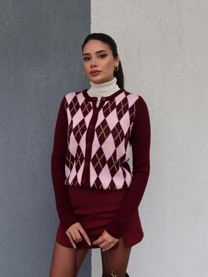 Bordo Pembe Baklava Desenli Hırka