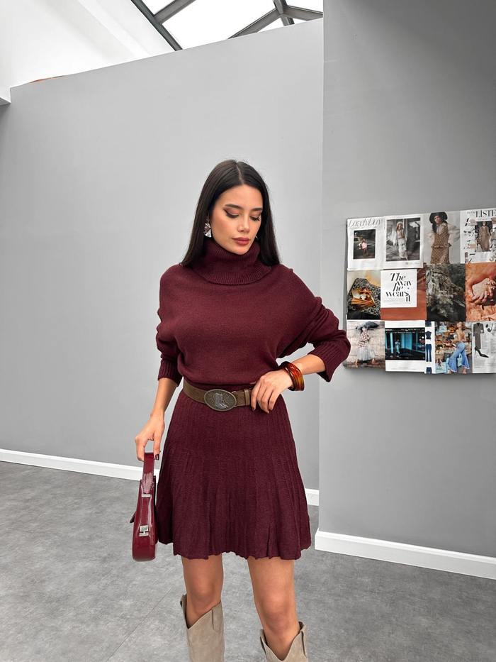 Bordo Pilise Etekli Triko Takım