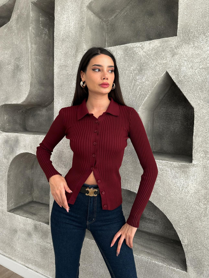 Bordo Polo Yaka Fitilli Hırka