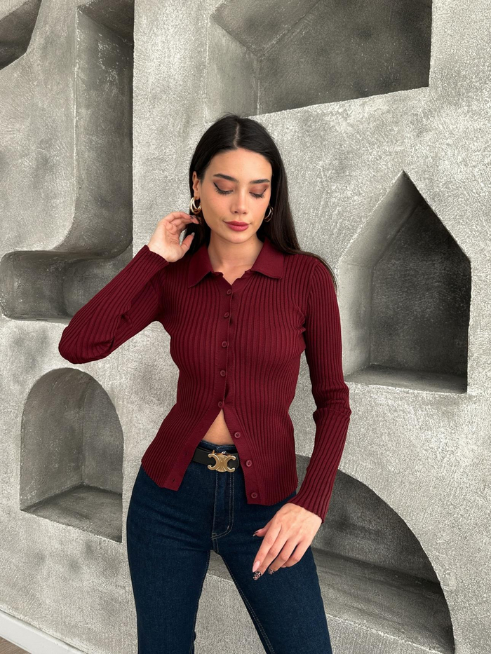 Bordo Polo Yaka Fitilli Hırka