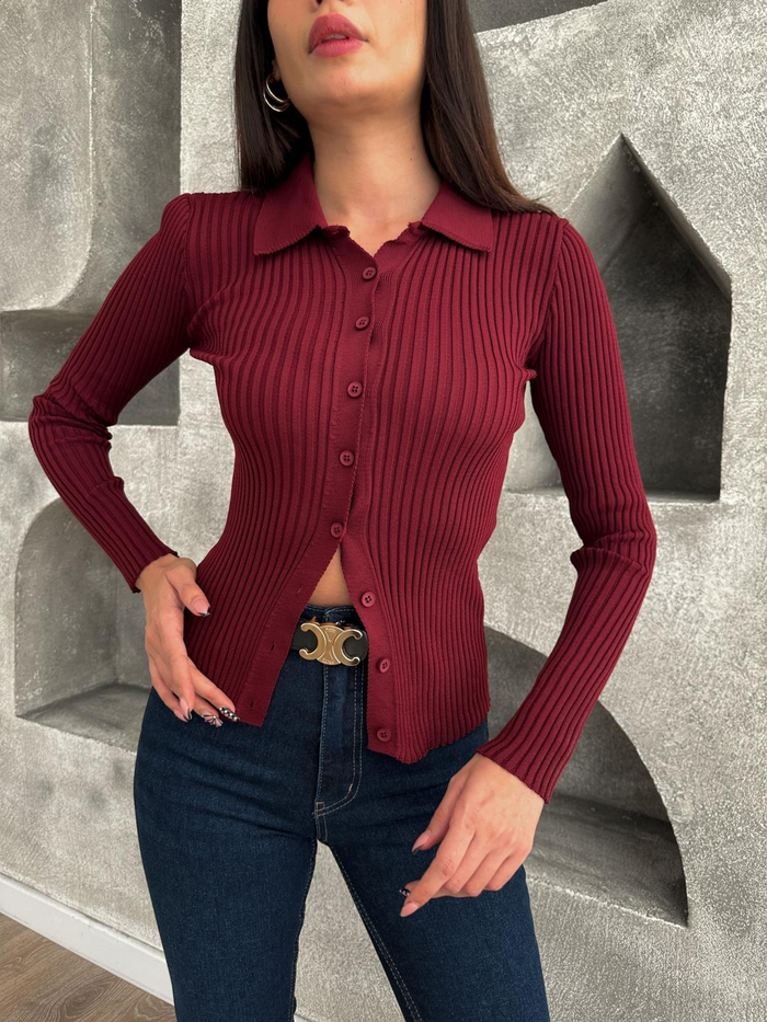 Bordo Polo Yaka Fitilli Hırka