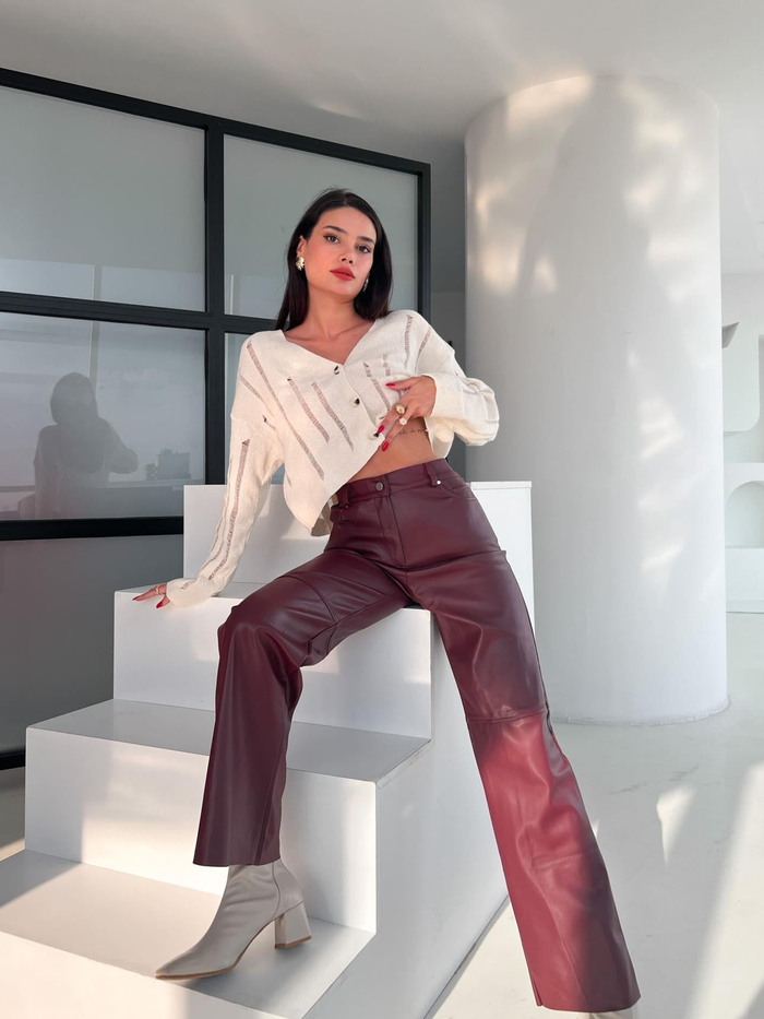 Bordo Şardonlu Leather Pantolon