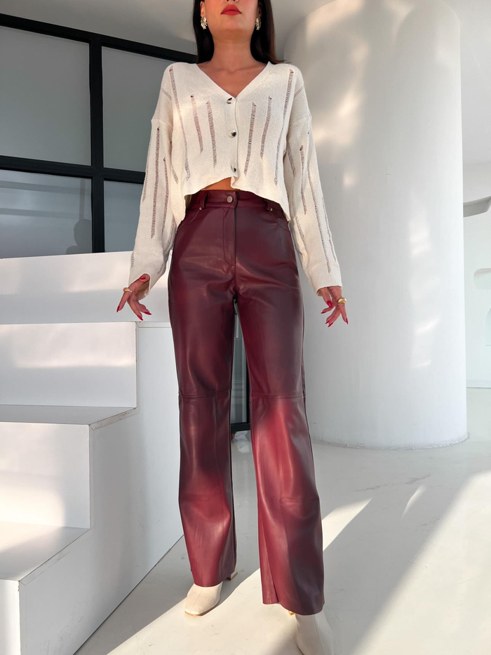 Bordo Şardonlu Leather Pantolon