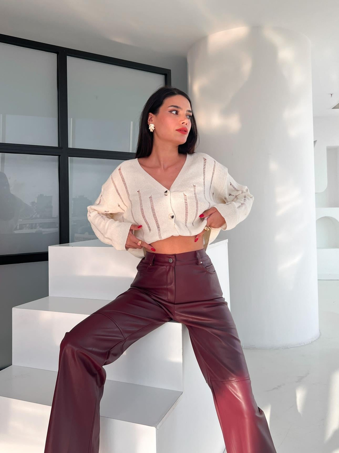 Bordo Şardonlu Leather Pantolon