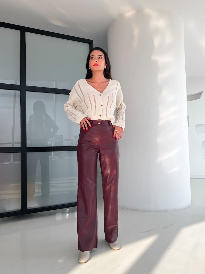 Bordo Şardonlu Leather Pantolon