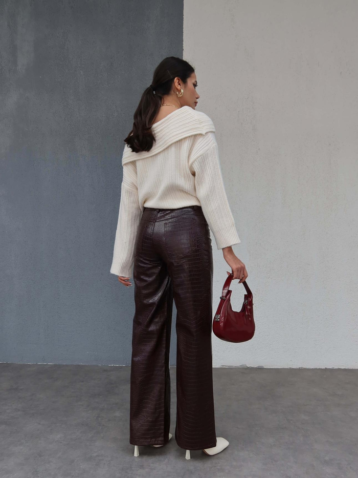 Bordo Snake Desen Deri Pantolon