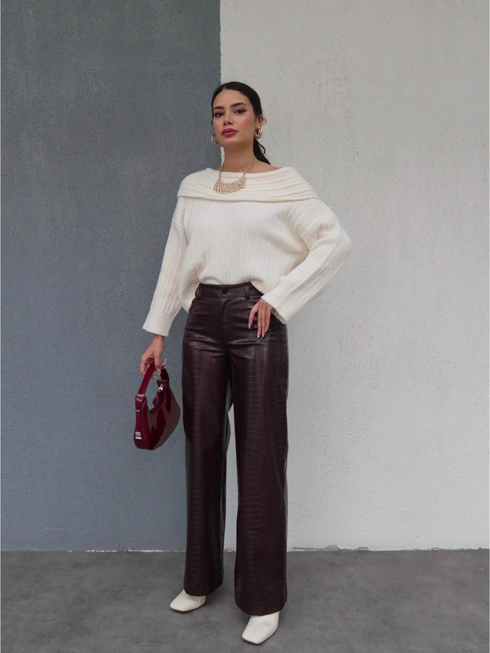 Bordo Snake Desen Deri Pantolon