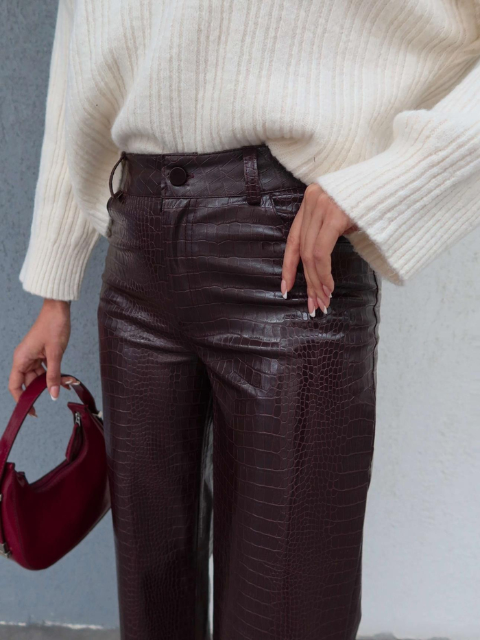 Bordo Snake Desen Deri Pantolon