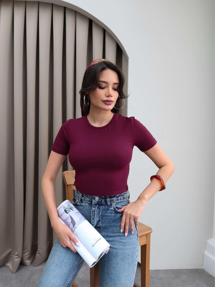 Bordo Streç Crop Tshirt