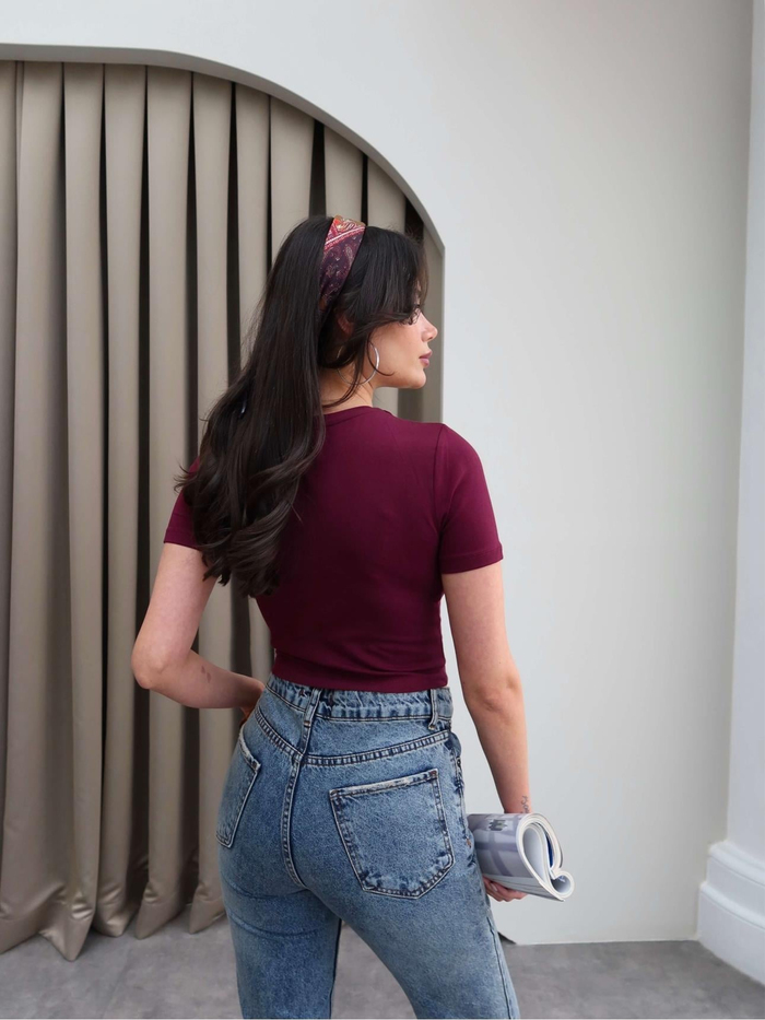 Bordo Streç Crop Tshirt